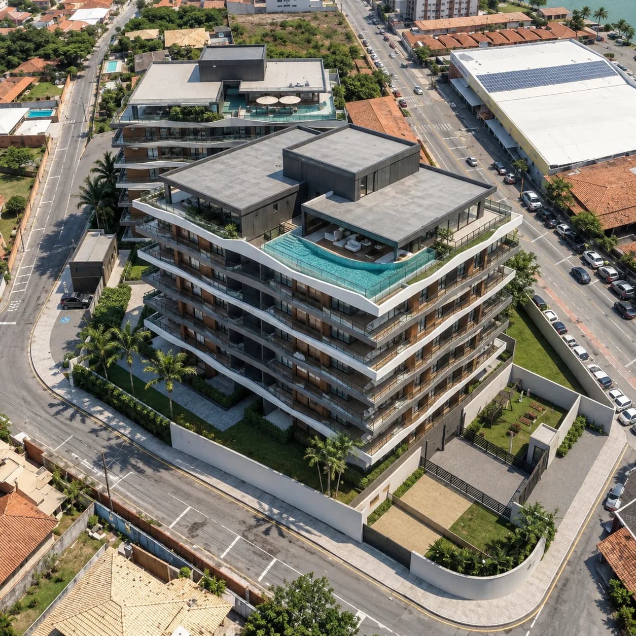 Vista aérea do Wave Itaúna, com a piscina de borda infinita no rooftop. Perspectiva ilustrada.