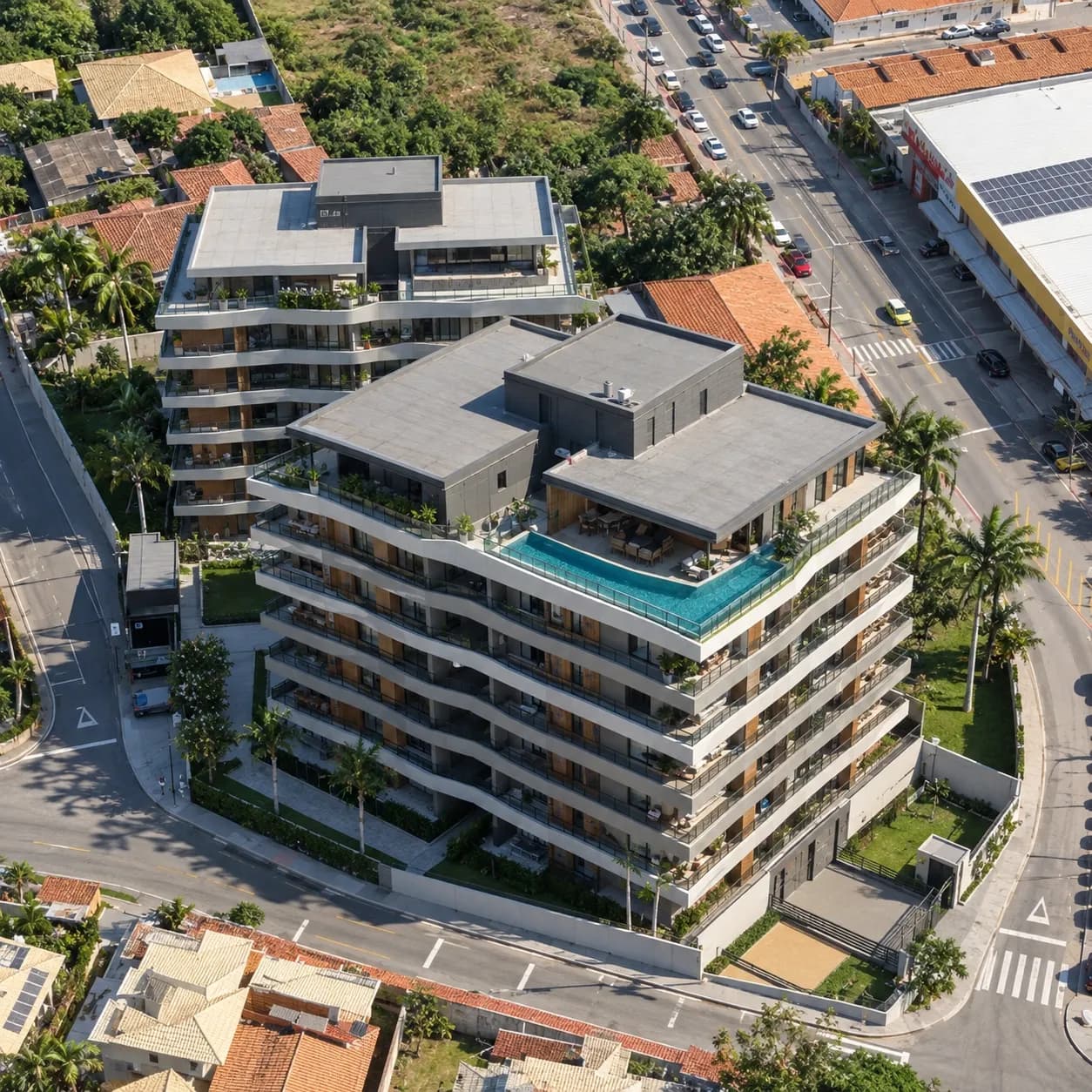 Vista aérea das duas torres na esquina, com o jardim e a quadra. Perspectiva ilustrada.